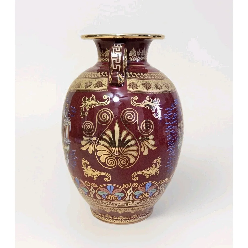 Red Spyropoulos Vase Greece 24K Gold Trim Greek Mythology Porcelain 9.5